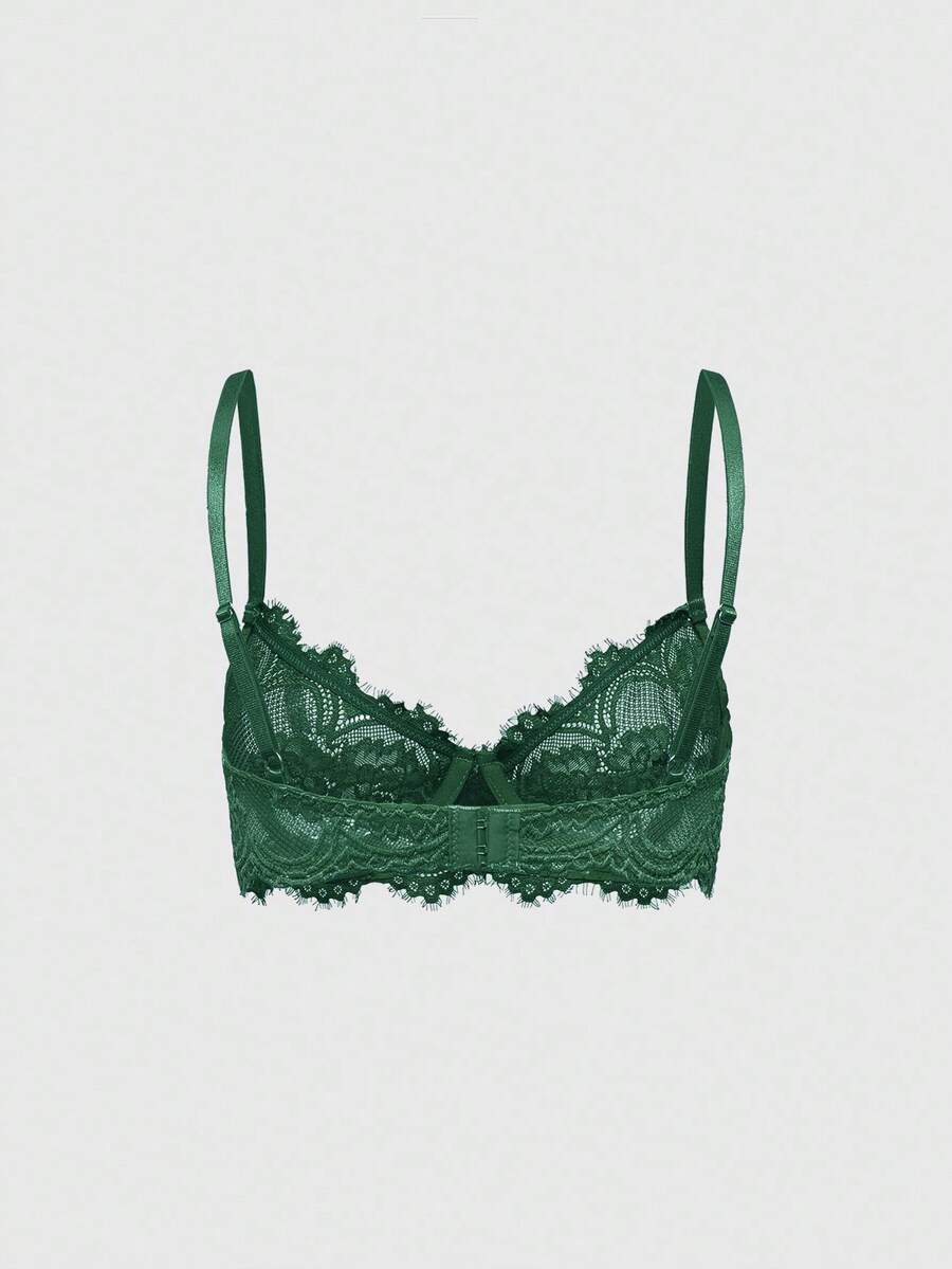 Sheer floral lace underwire triangle bra for women featuring adjustable straps and plunge cup design.