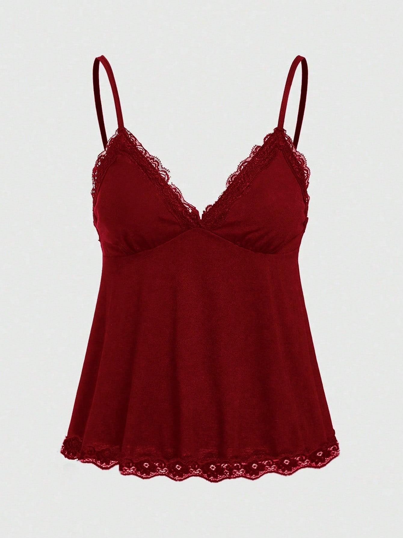 Women's spaghetti strap camisole with contrast lace patchwork, slim fit silhouette, plain design, and flared hem.