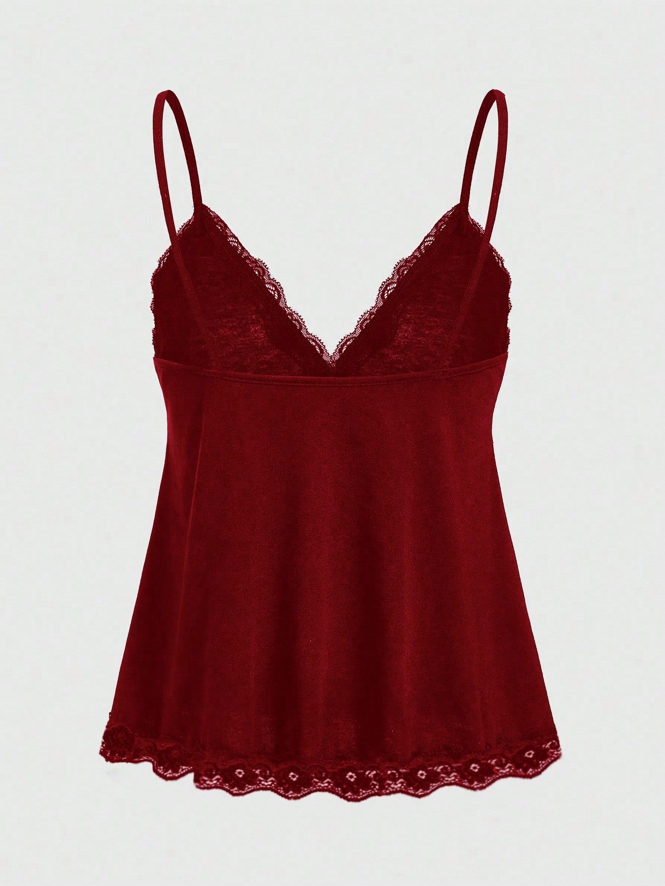Women's spaghetti strap camisole with contrast lace patchwork, slim fit silhouette, plain design, and flared hem.