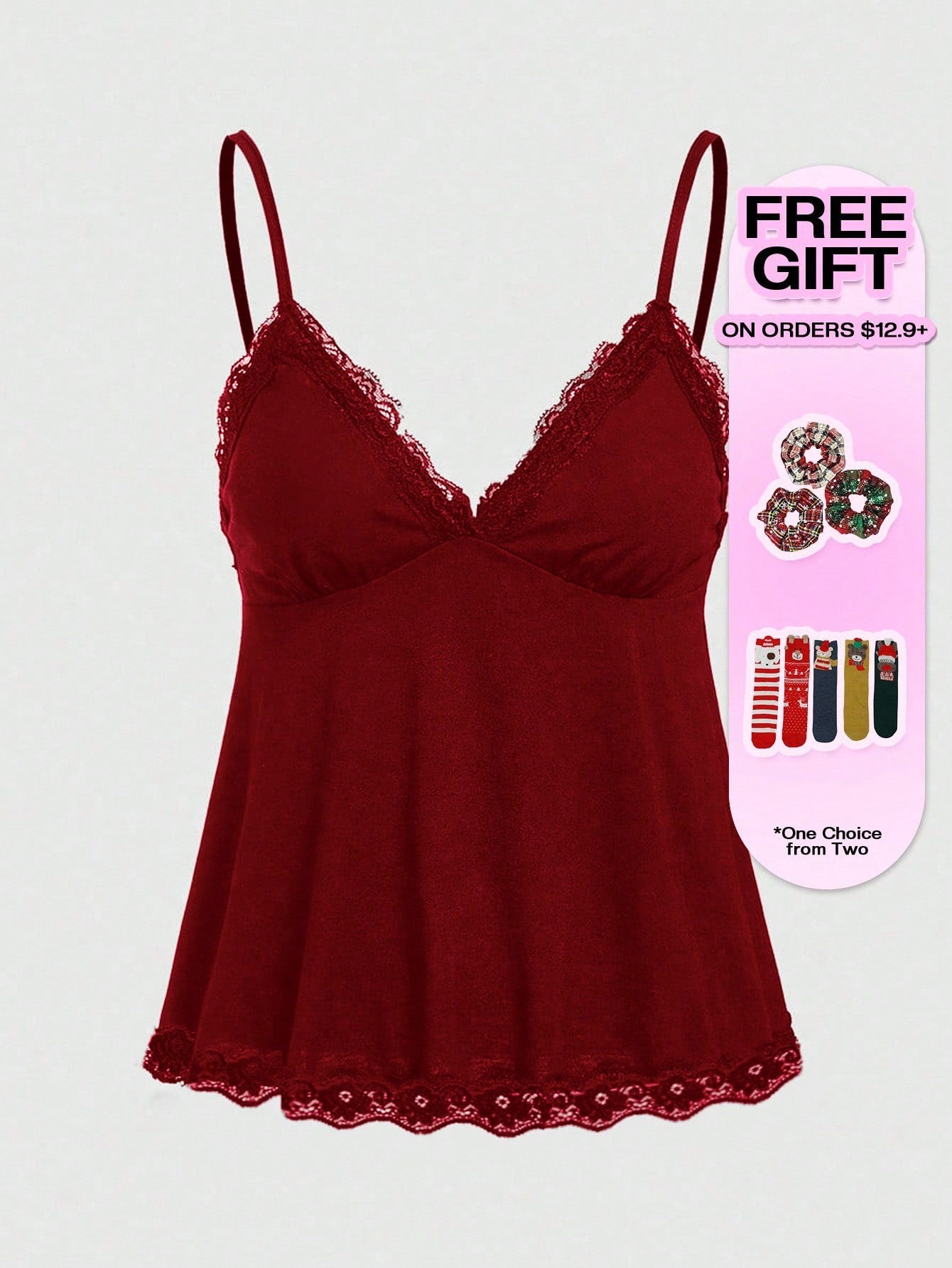 Women's spaghetti strap camisole with contrast lace patchwork, slim fit silhouette, plain design, and flared hem.