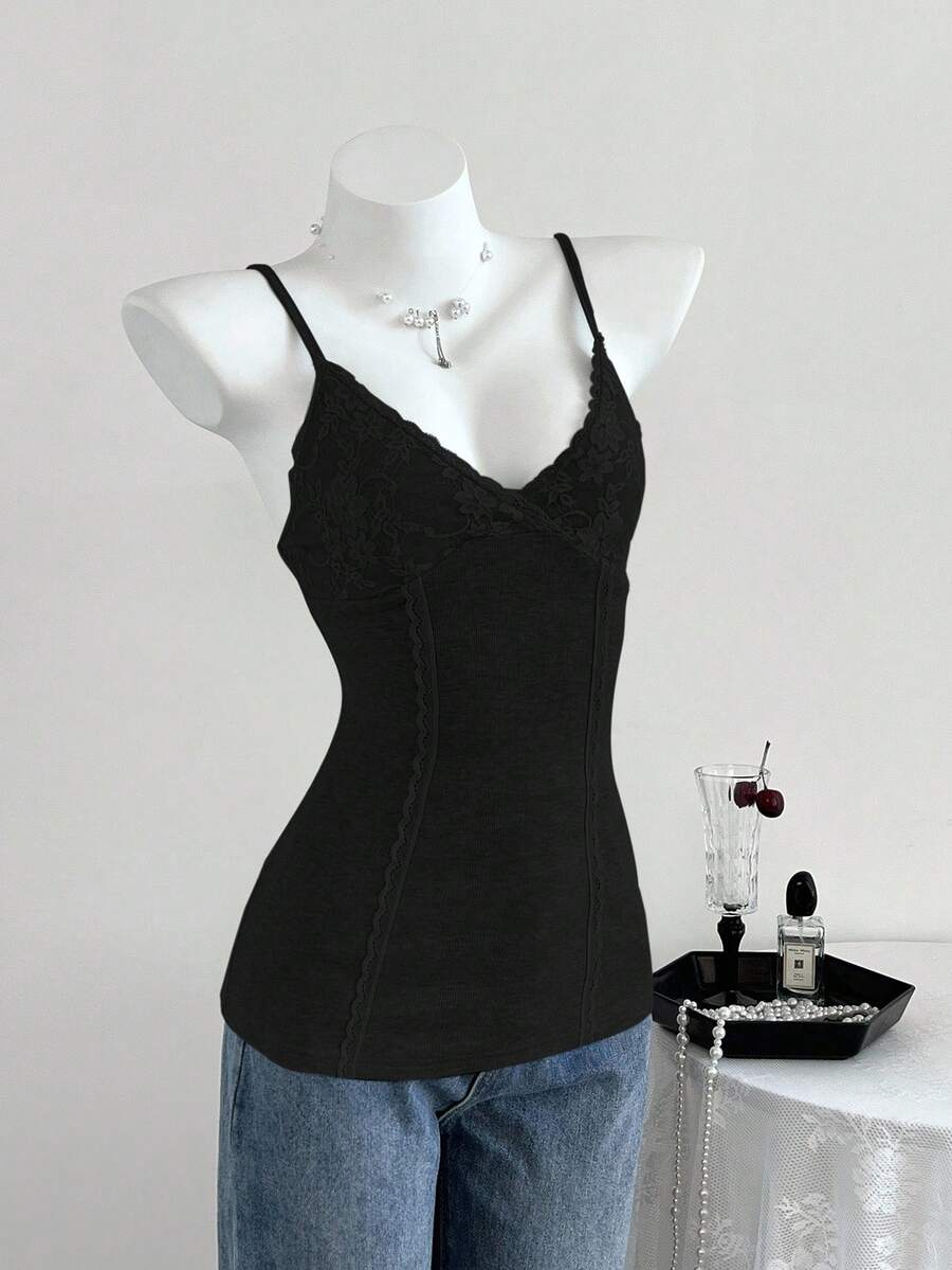 Women's slim fit backless cami tank top with contrast lace patchwork details, spaghetti straps, and high-stretch knitted ribbed fabric.