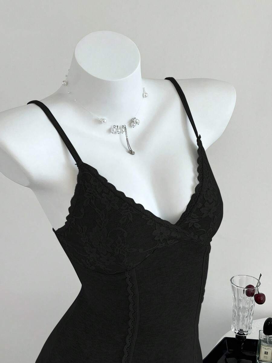 Women's slim fit backless cami tank top with contrast lace patchwork details, spaghetti straps, and high-stretch knitted ribbed fabric.