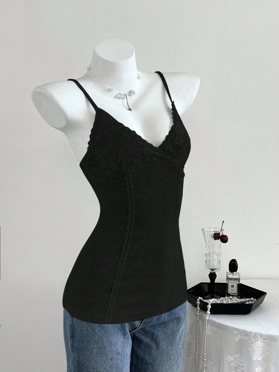 Women's slim fit backless cami tank top with contrast lace patchwork details, spaghetti straps, and high-stretch knitted ribbed fabric.