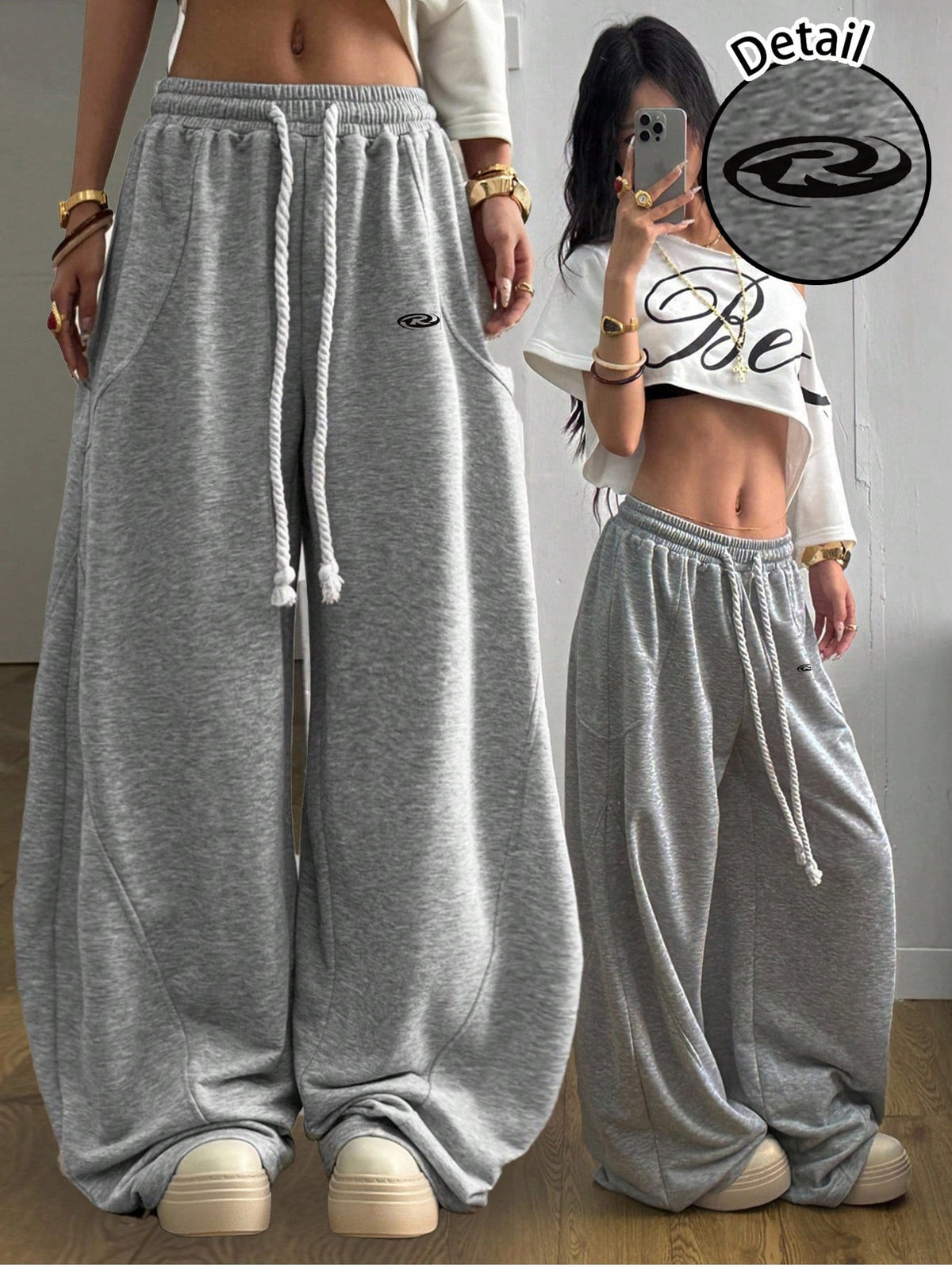 Women's loose wide leg casual pants with drawstring waist in plain black