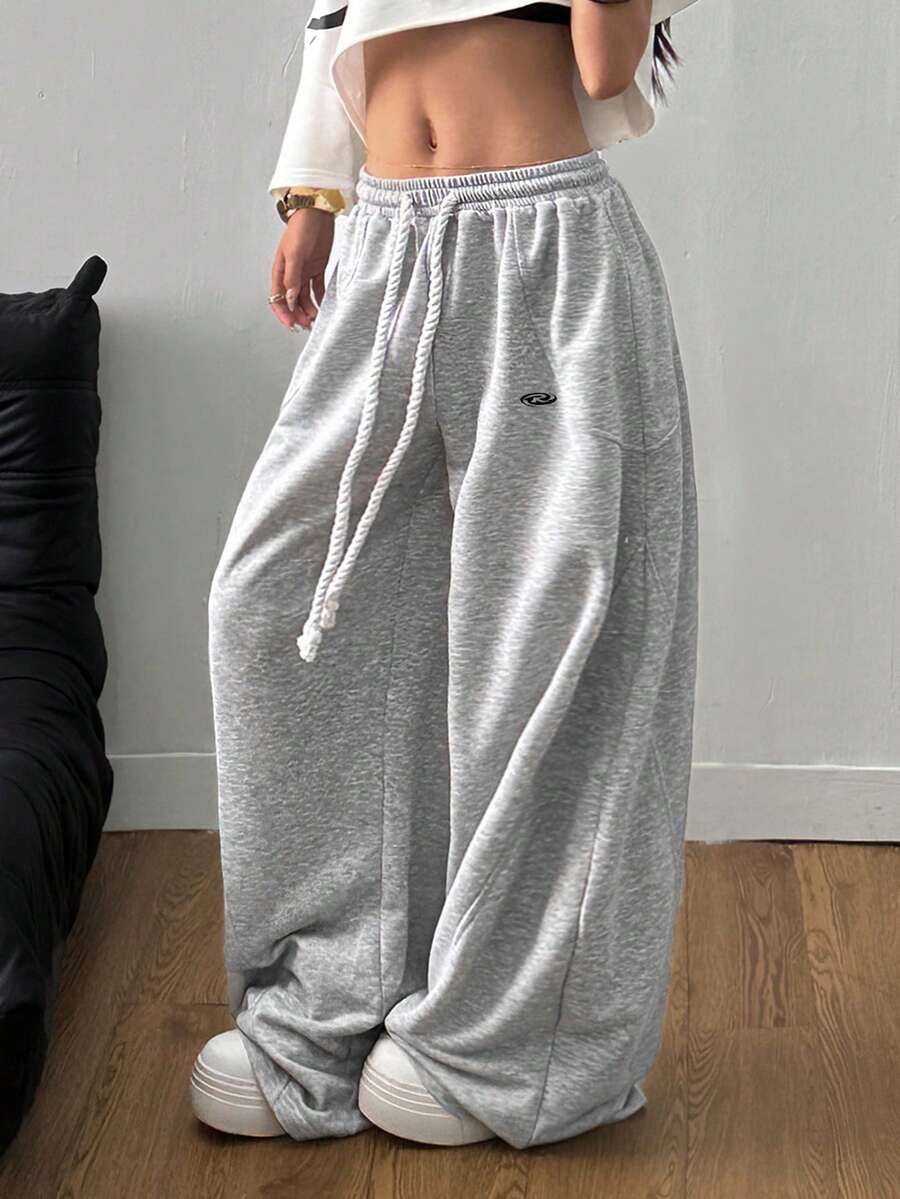 Women's loose wide leg casual pants with drawstring waist in plain black