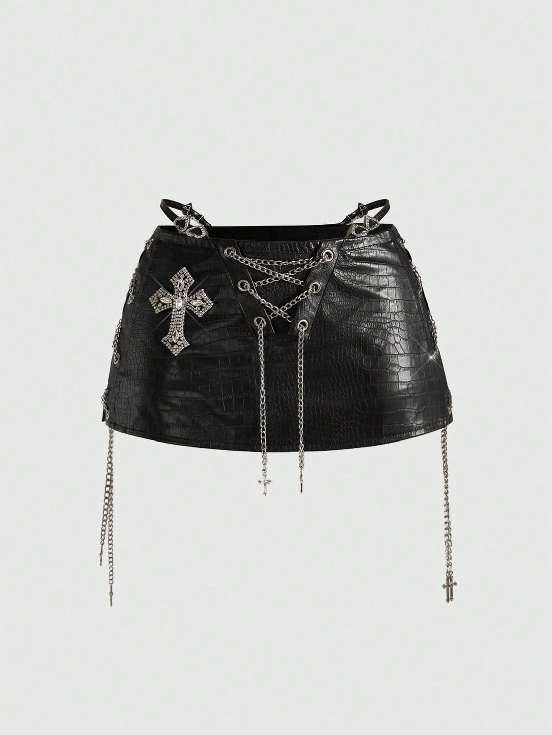 Women's low waist retro bodycon mini skirt with decorative chain, knot, and zipper details.
