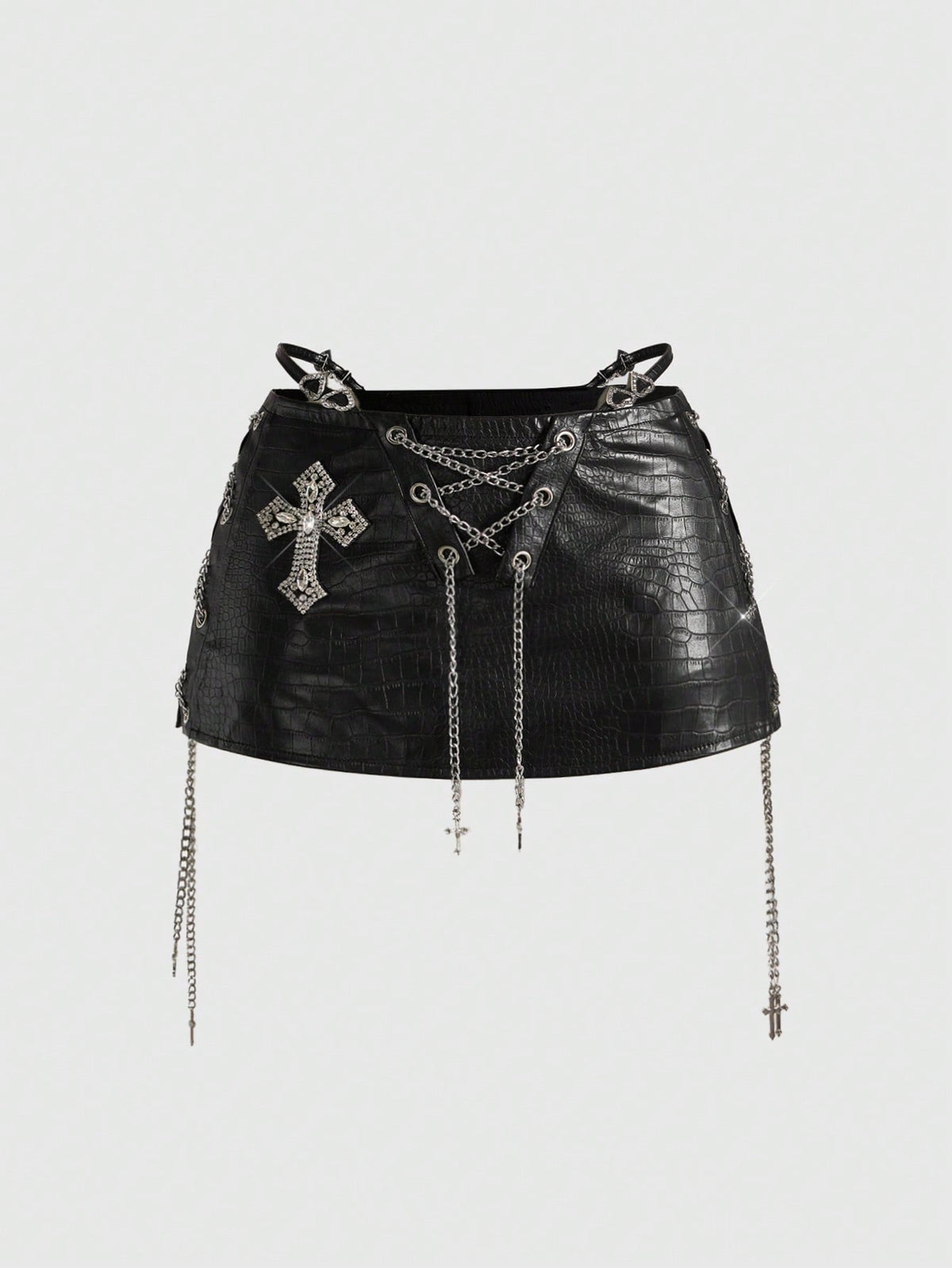 Women's low waist retro bodycon mini skirt with decorative chain, knot, and zipper details.