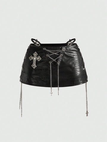 Women's low waist retro bodycon mini skirt with decorative chain, knot, and zipper details.