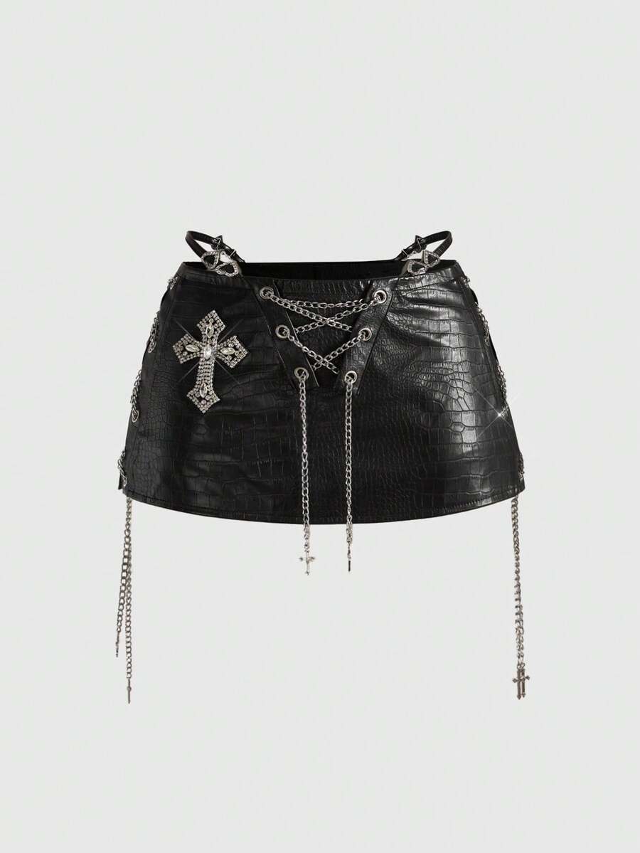 Women's low waist retro bodycon mini skirt with decorative chain, knot, and zipper details.