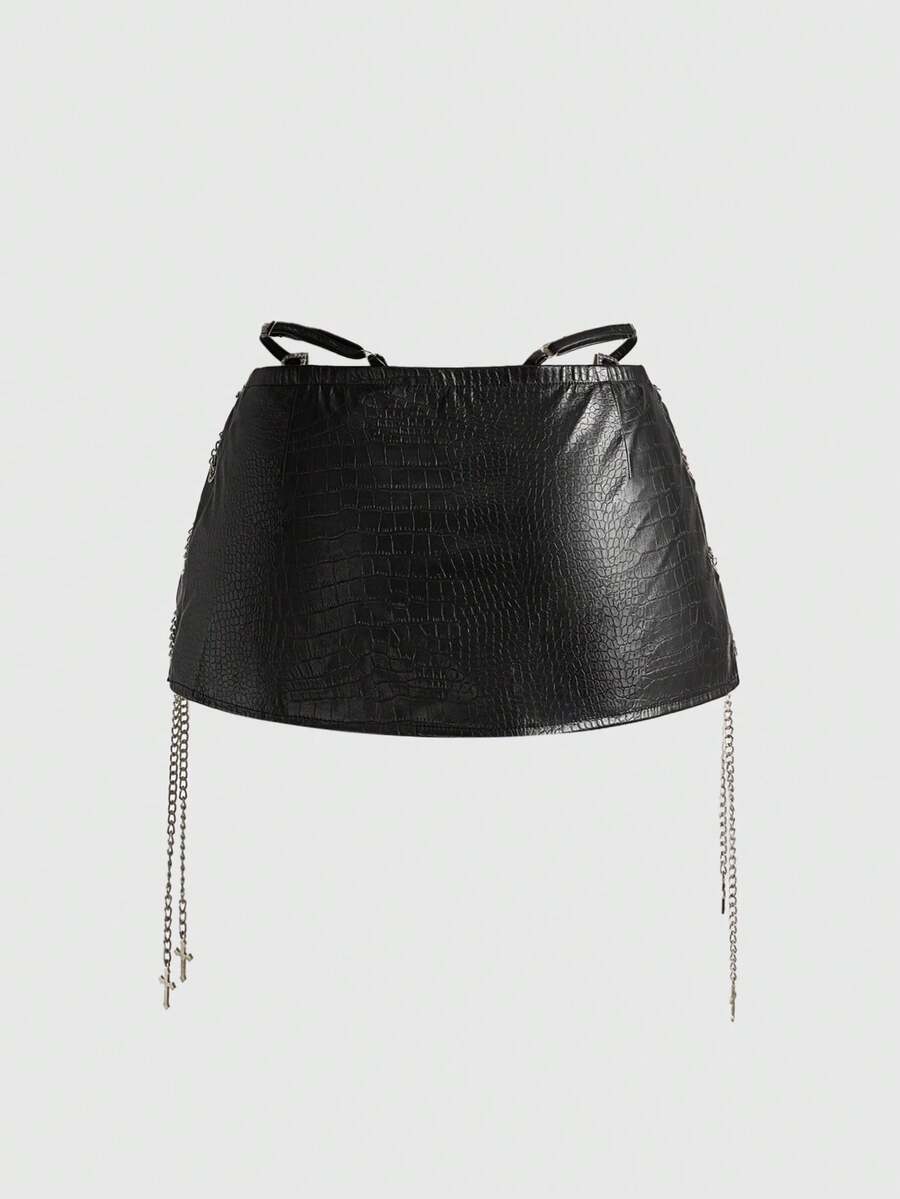 Women's low waist retro bodycon mini skirt with decorative chain, knot, and zipper details.
