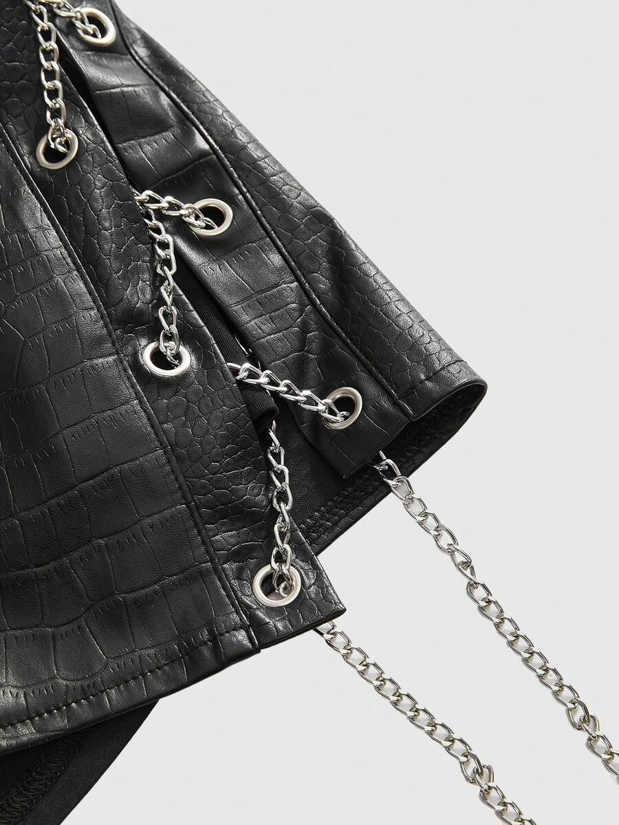 Women's low waist retro bodycon mini skirt with decorative chain, knot, and zipper details.