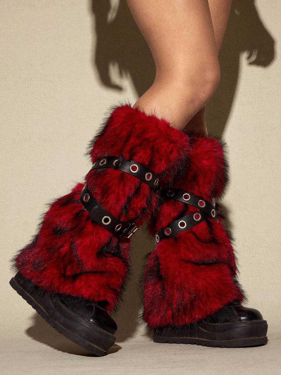 Pair of fuzzy leopard print leg warmers for women in a stylish winter goth aesthetic