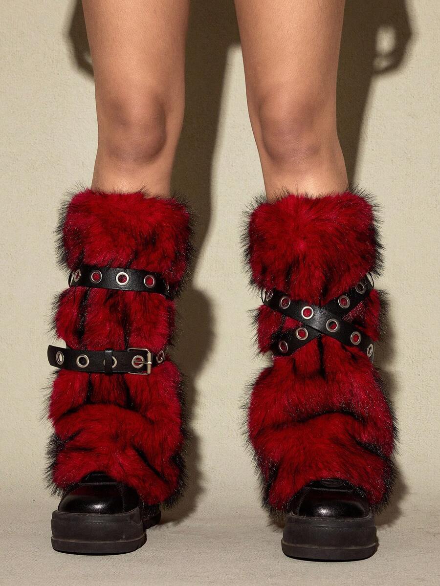 Pair of fuzzy leopard print leg warmers for women in a stylish winter goth aesthetic