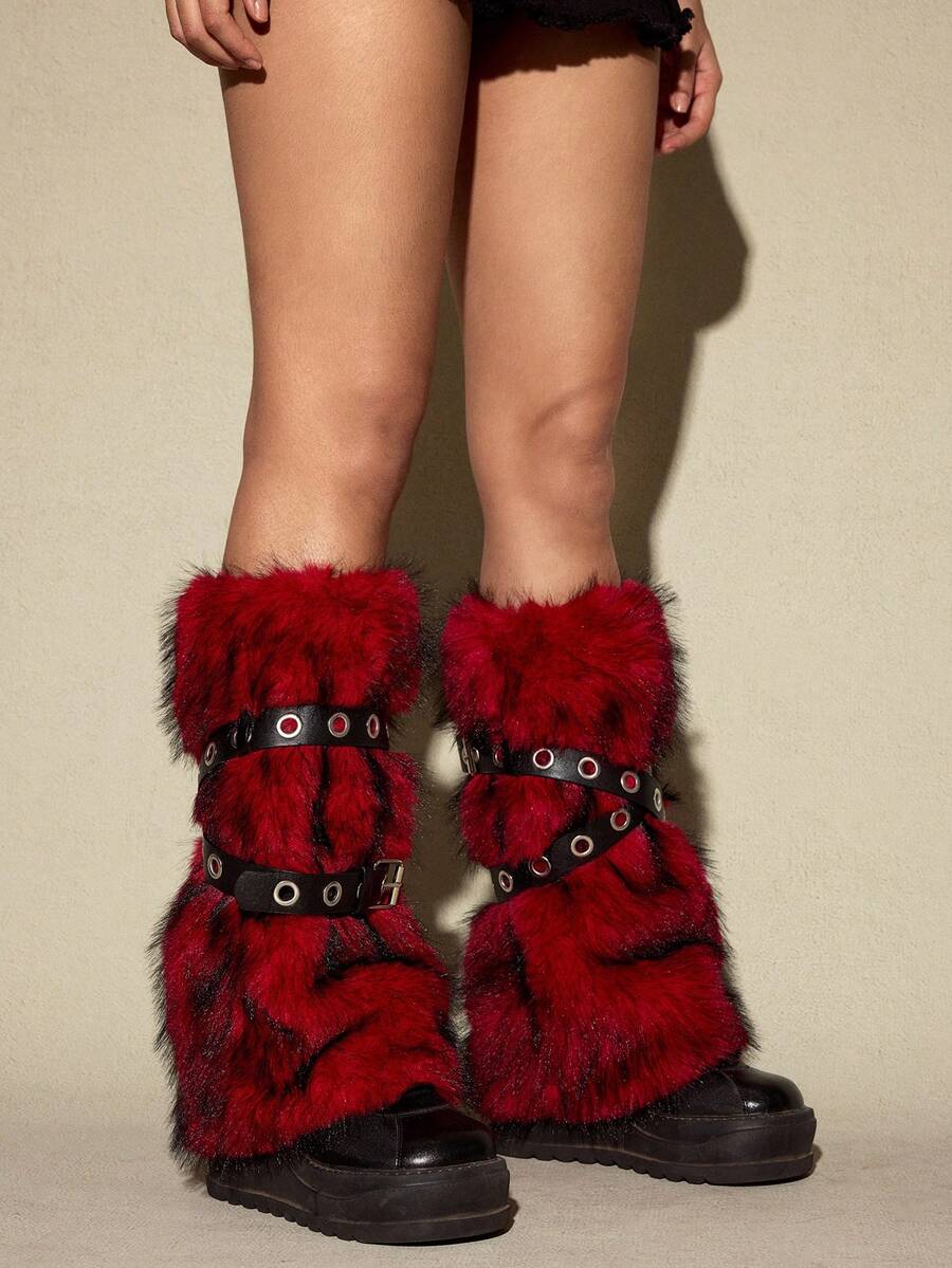 Pair of fuzzy leopard print leg warmers for women in a stylish winter goth aesthetic
