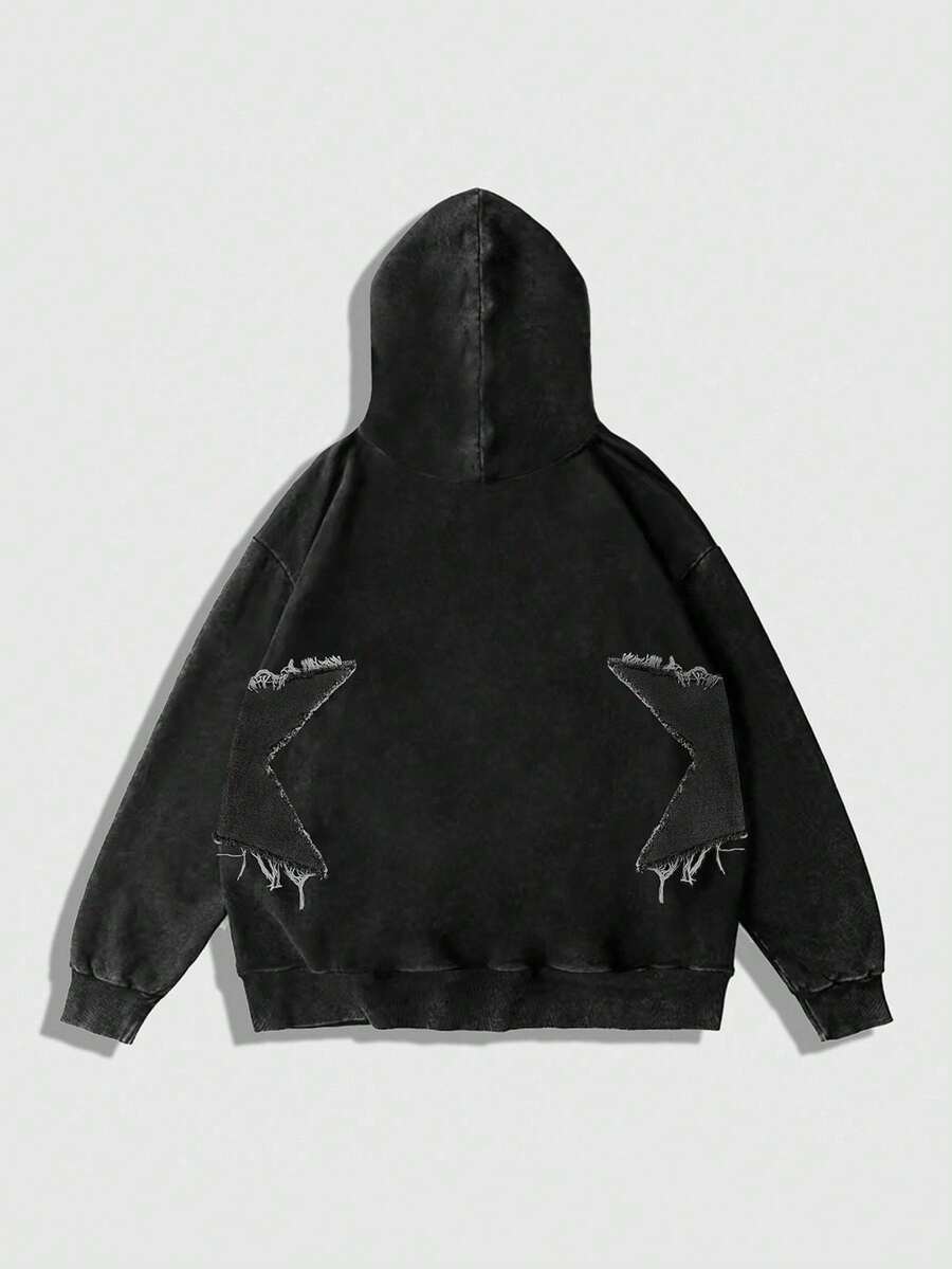 Women's plus size black hooded sweatshirt featuring a star pattern, long sleeves, drawstring hood, and front pocket in an oversized fit.