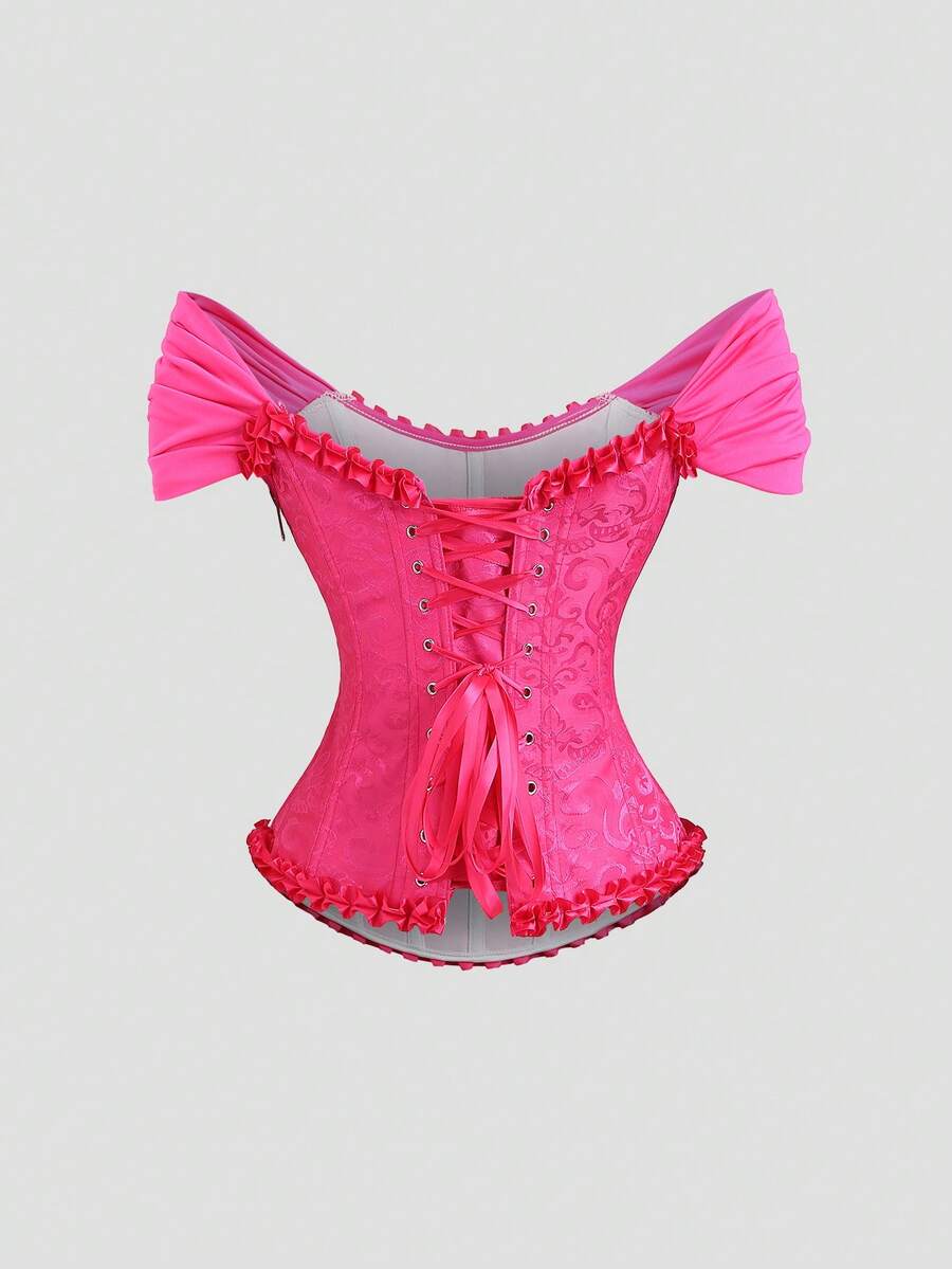 Women's elegant off-the-shoulder sleeveless camisole top featuring frill trim, lace-up front, and asymmetrical hem design.