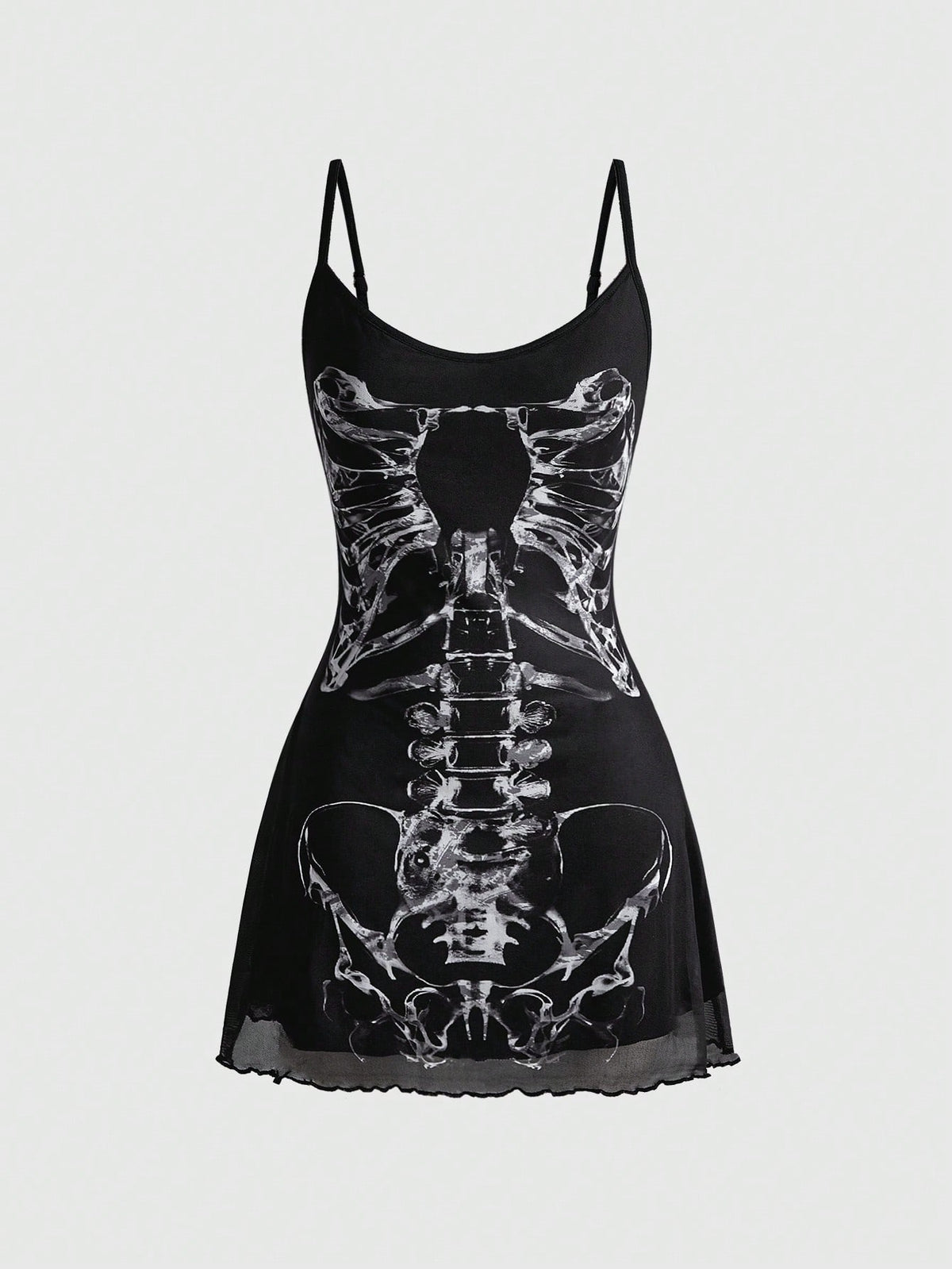 Women's black gothic retro romantic skeleton print sleeveless cami mini dress featuring spaghetti straps, ruched detailing, and a lettuce trim pencil hem.
