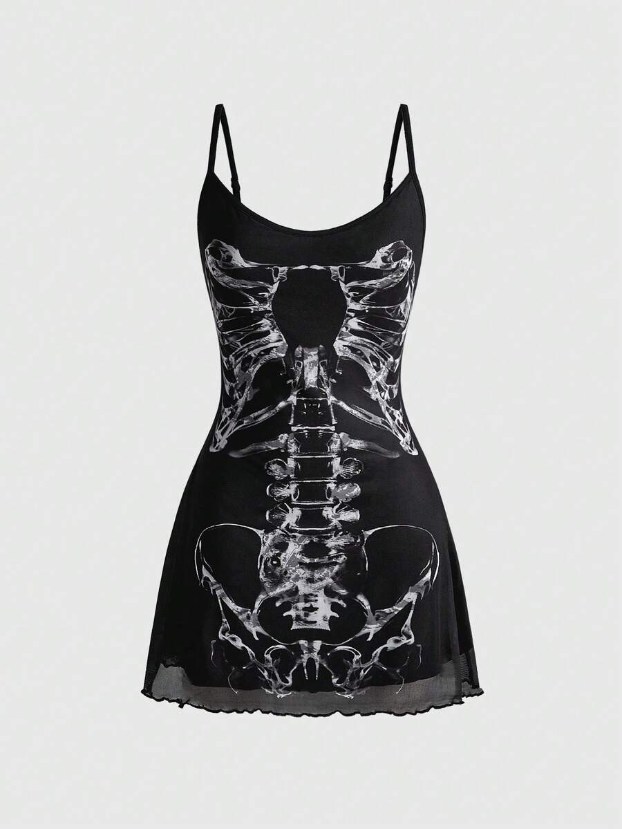 Women's black gothic retro romantic skeleton print sleeveless cami mini dress featuring spaghetti straps, ruched detailing, and a lettuce trim pencil hem.