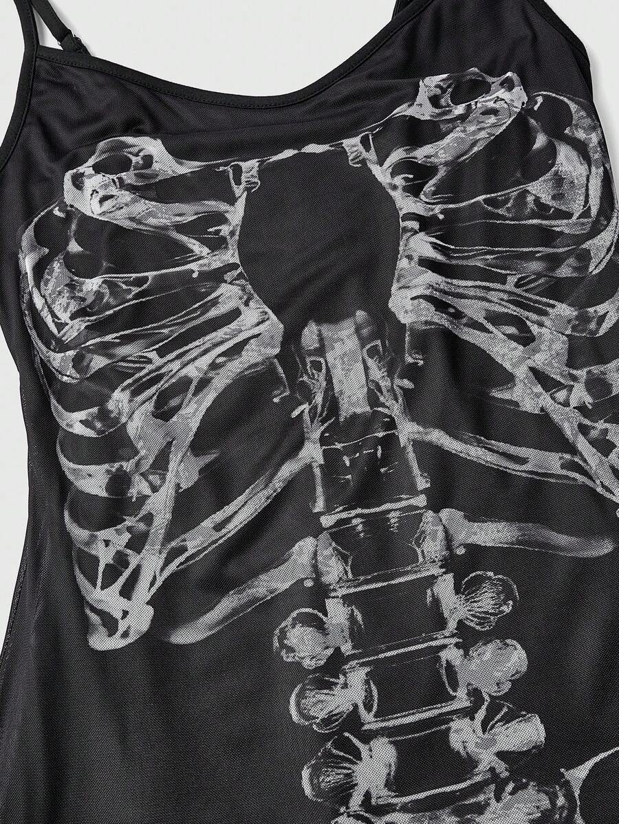 Women's black gothic retro romantic skeleton print sleeveless cami mini dress featuring spaghetti straps, ruched detailing, and a lettuce trim pencil hem.
