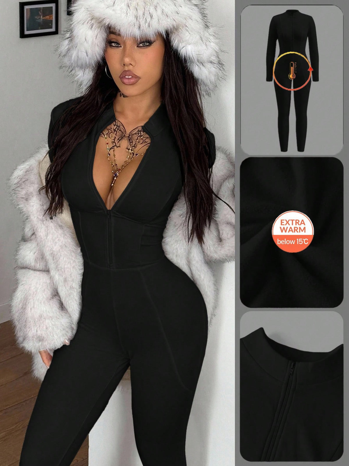 Fitted long sleeve unitard jumpsuit for women featuring a stand collar and front zipper closure in a solid color athletic style.