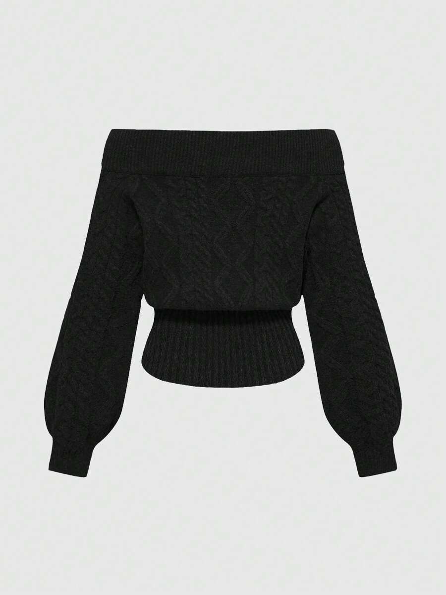 Women's off-the-shoulder rib-knit pullover sweater with three-quarter sleeves in a casual regular fit.