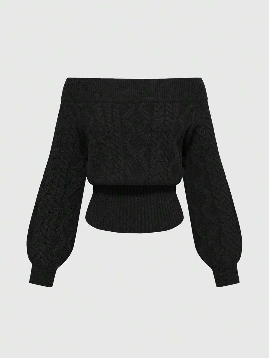 Women's off-the-shoulder rib-knit pullover sweater with three-quarter sleeves in a casual regular fit.