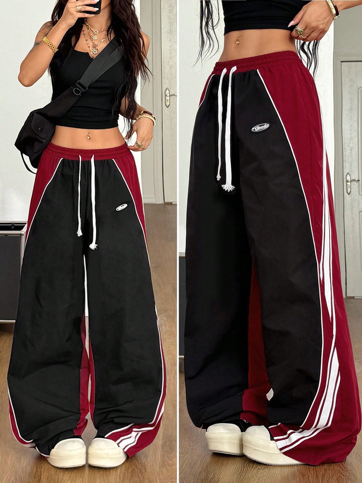 Women's loose fit straight leg pants in black and white with banded texture design, low drawstring waist, and pockets.