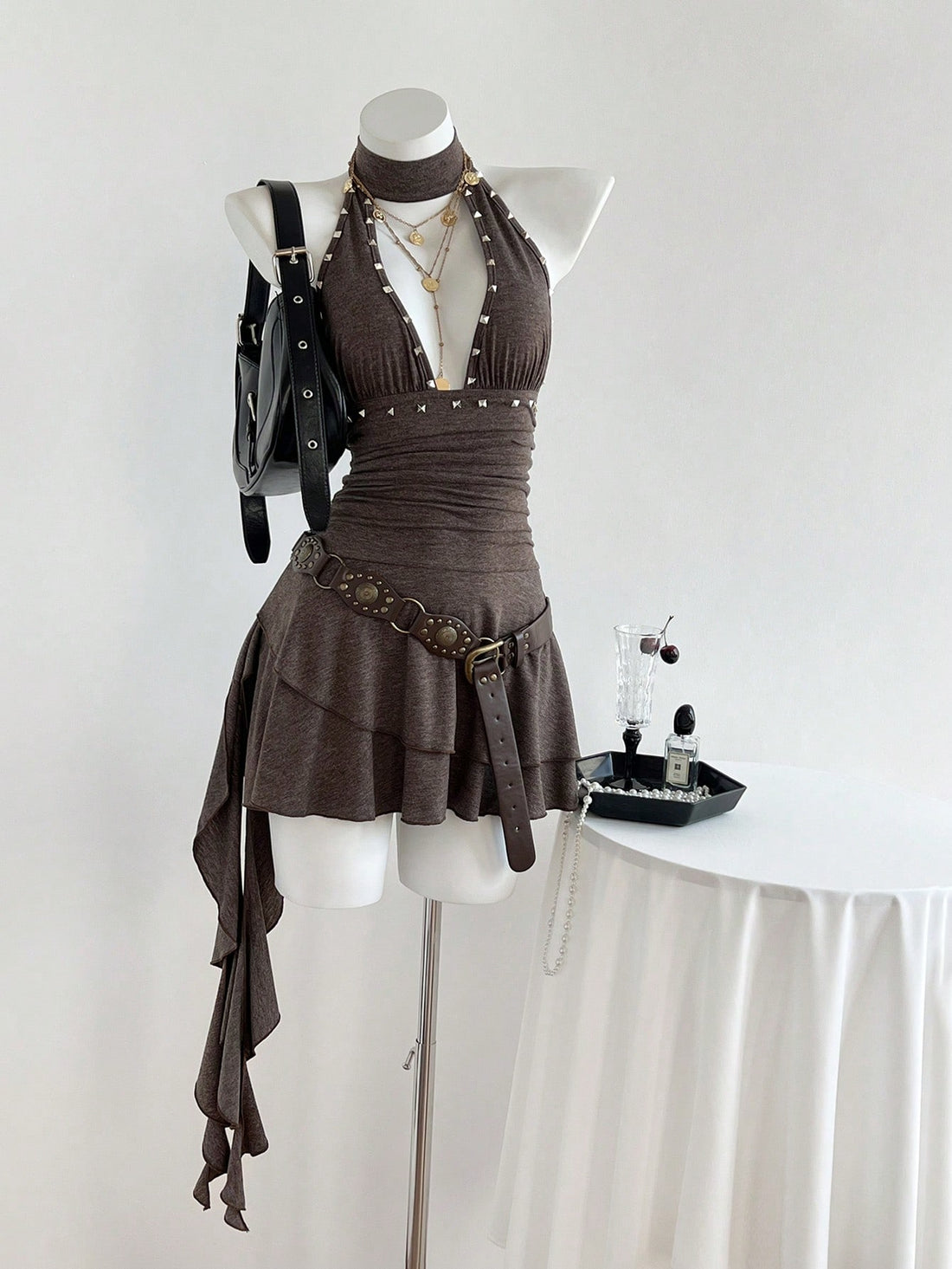Women's coffee short halter V-neck dress with backless lace-up detail, cinched high waist, and ruffle tiered hem