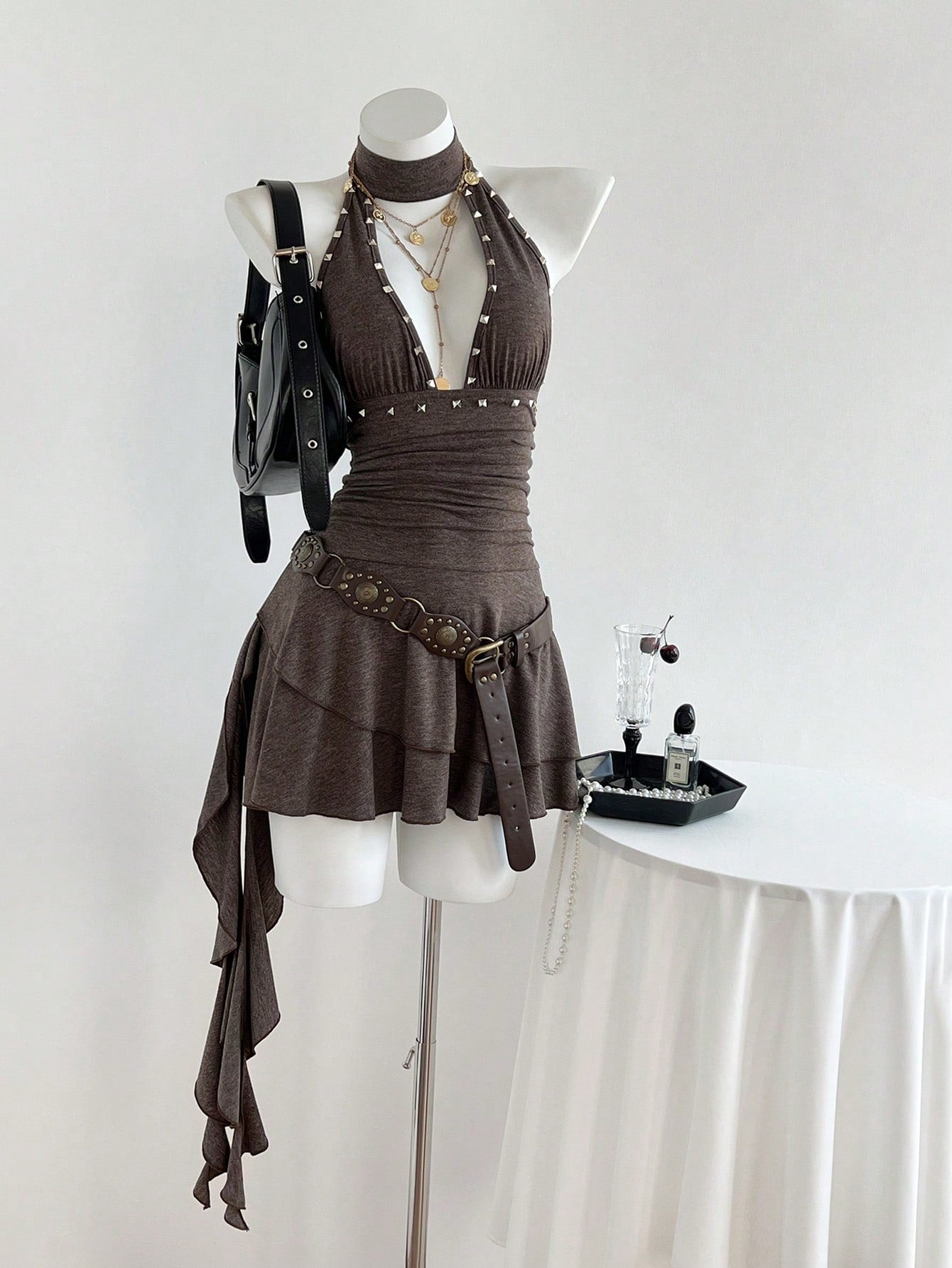 Women's coffee short halter V-neck dress with backless lace-up detail, cinched high waist, and ruffle tiered hem