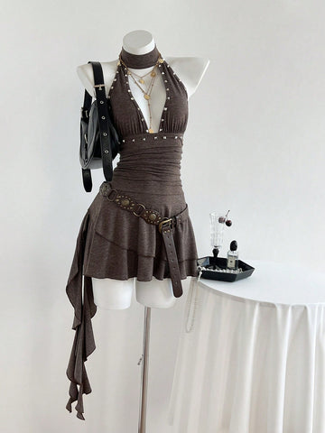 Women's coffee short halter V-neck dress with backless lace-up detail, cinched high waist, and ruffle tiered hem