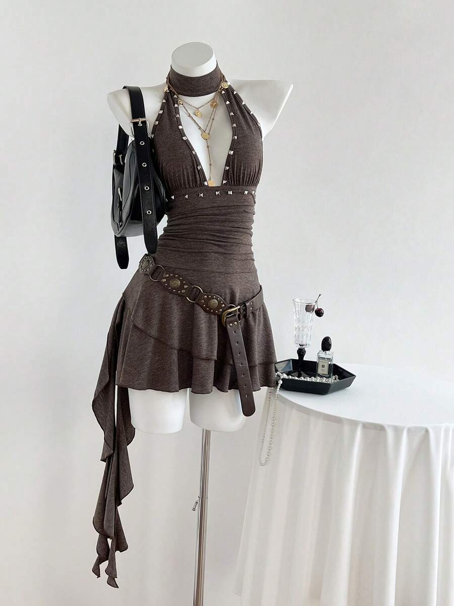 Women's coffee short halter V-neck dress with backless lace-up detail, cinched high waist, and ruffle tiered hem