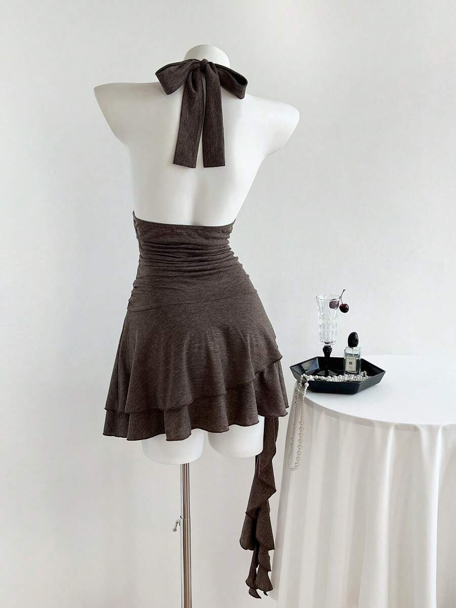 Women's coffee short halter V-neck dress with backless lace-up detail, cinched high waist, and ruffle tiered hem