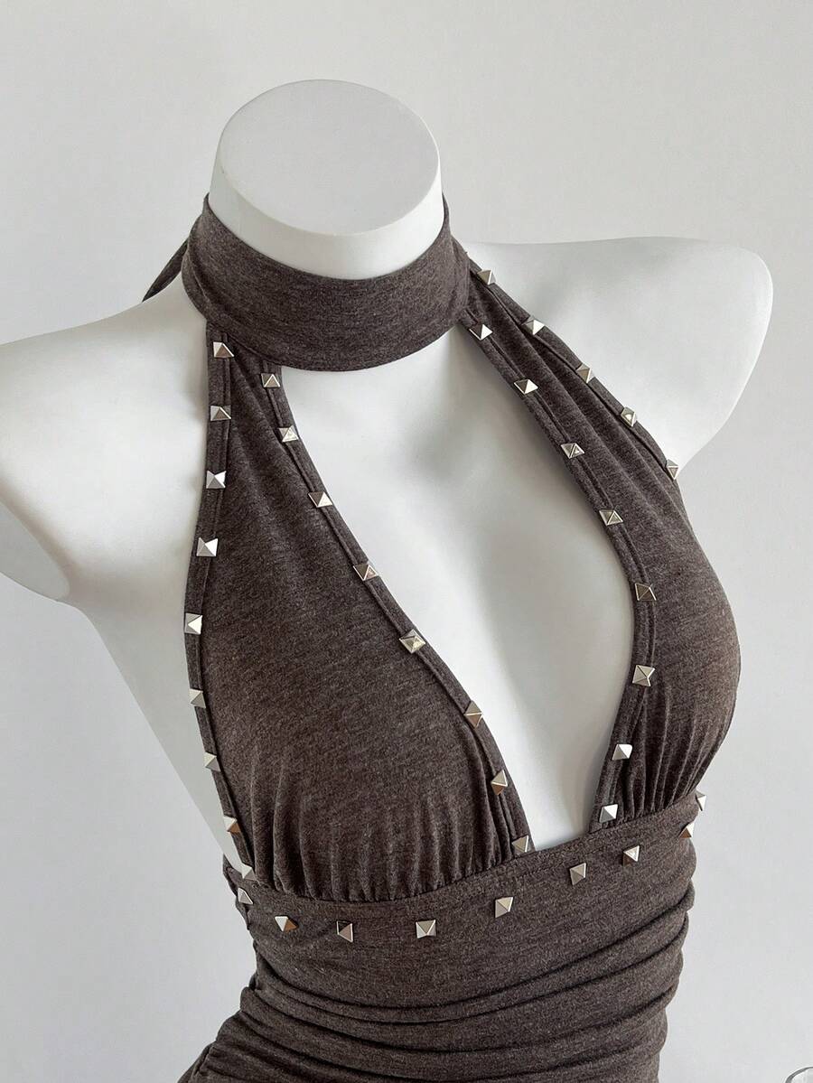 Women's coffee short halter V-neck dress with backless lace-up detail, cinched high waist, and ruffle tiered hem