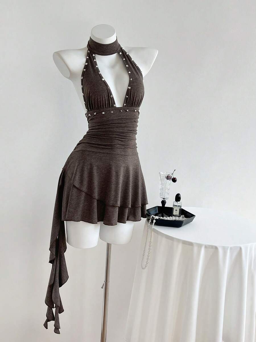 Women's coffee short halter V-neck dress with backless lace-up detail, cinched high waist, and ruffle tiered hem