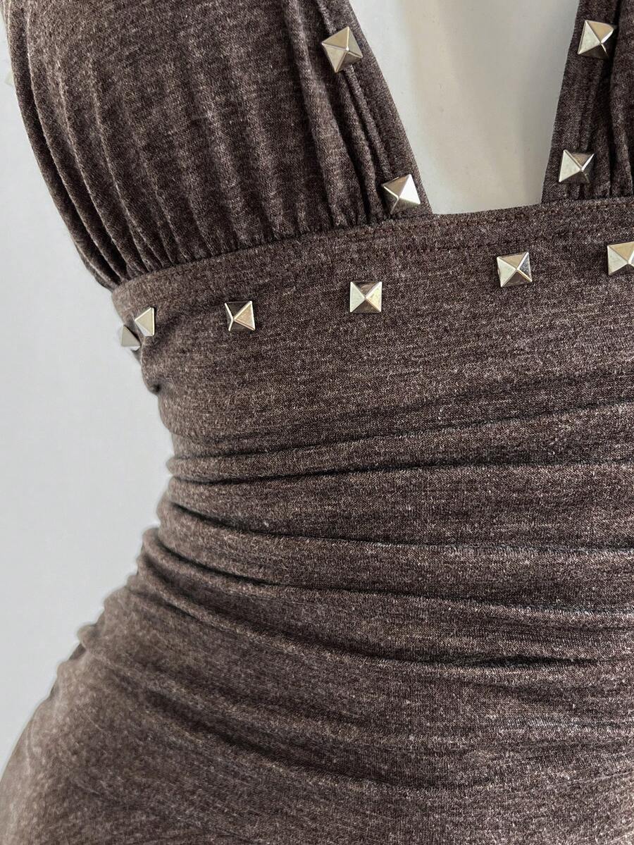 Women's coffee short halter V-neck dress with backless lace-up detail, cinched high waist, and ruffle tiered hem