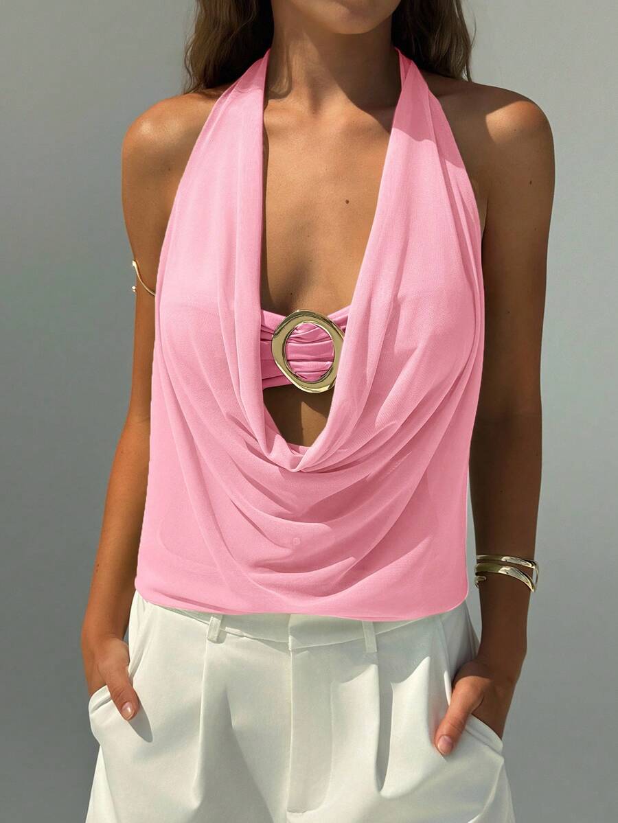 Semi-sheer plunging halter backless top with draped knot details and metallic decor, shown as a short slim-fit mesh going-out top.