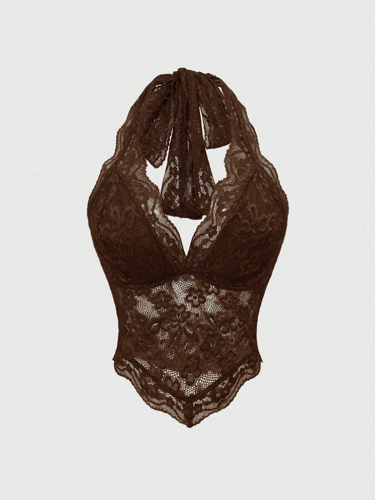 Women's lace halter neck crop top with backless tie closure, scallop trim, and asymmetrical hem.