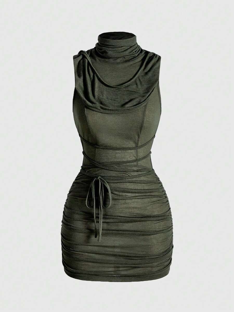 Front view of a sleeveless hooded cowl neck bodycon mini dress with draped collar detailing in knitted fabric.