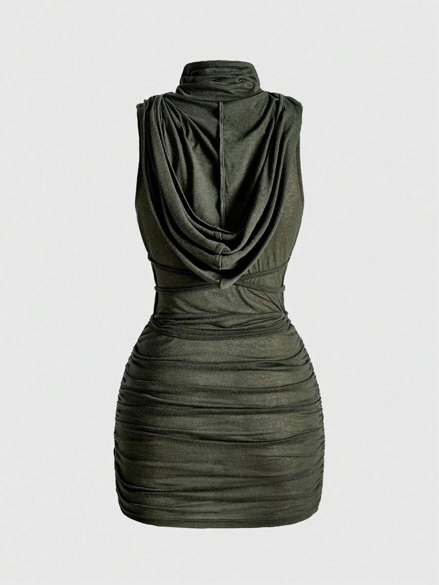 Front view of a sleeveless hooded cowl neck bodycon mini dress with draped collar detailing in knitted fabric.