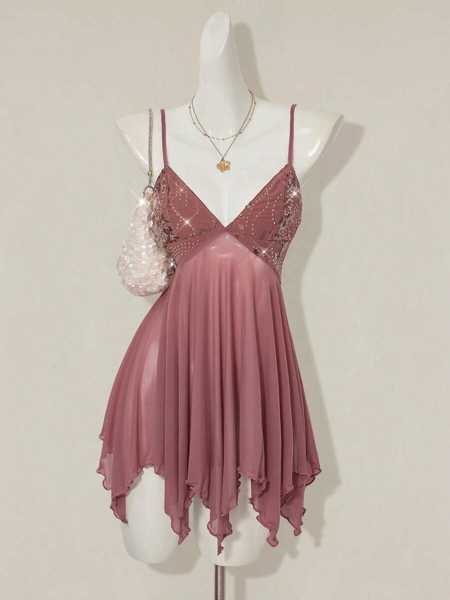 Women's sequin embroidered V-neck mini dress with spaghetti straps, mesh patchwork, slim bodycon fit, and asymmetrical ruffle hem