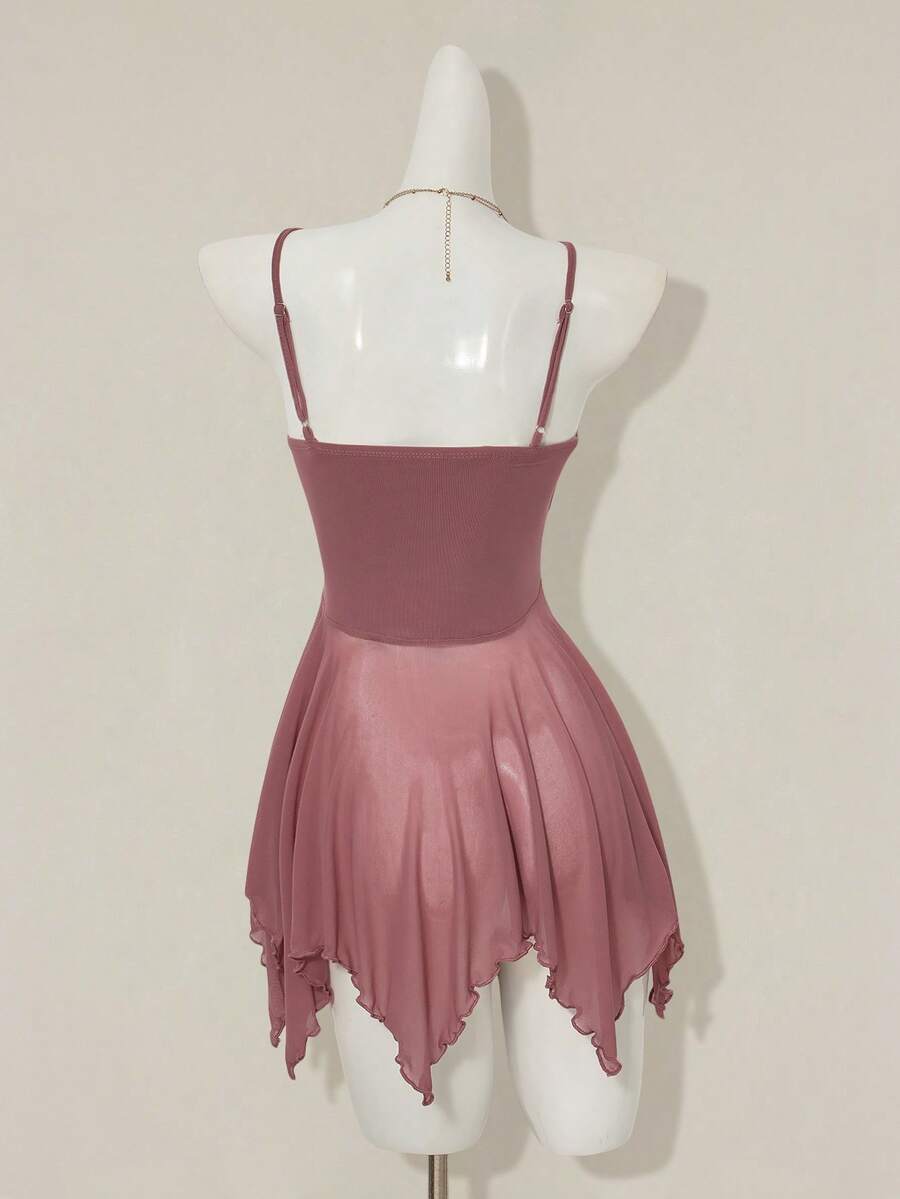 Women's sequin embroidered V-neck mini dress with spaghetti straps, mesh patchwork, slim bodycon fit, and asymmetrical ruffle hem