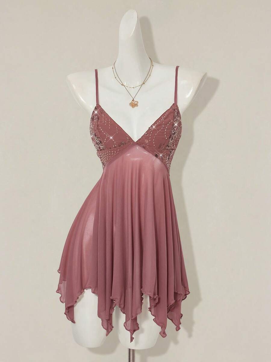 Women's sequin embroidered V-neck mini dress with spaghetti straps, mesh patchwork, slim bodycon fit, and asymmetrical ruffle hem