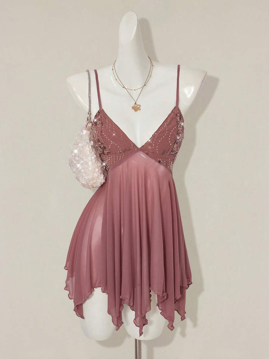 Women's sequin embroidered V-neck mini dress with spaghetti straps, mesh patchwork, slim bodycon fit, and asymmetrical ruffle hem