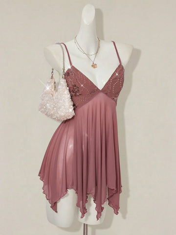 Women's sequin embroidered V-neck mini dress with spaghetti straps, mesh patchwork, slim bodycon fit, and asymmetrical ruffle hem