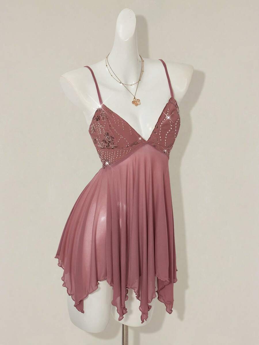 Women's sequin embroidered V-neck mini dress with spaghetti straps, mesh patchwork, slim bodycon fit, and asymmetrical ruffle hem