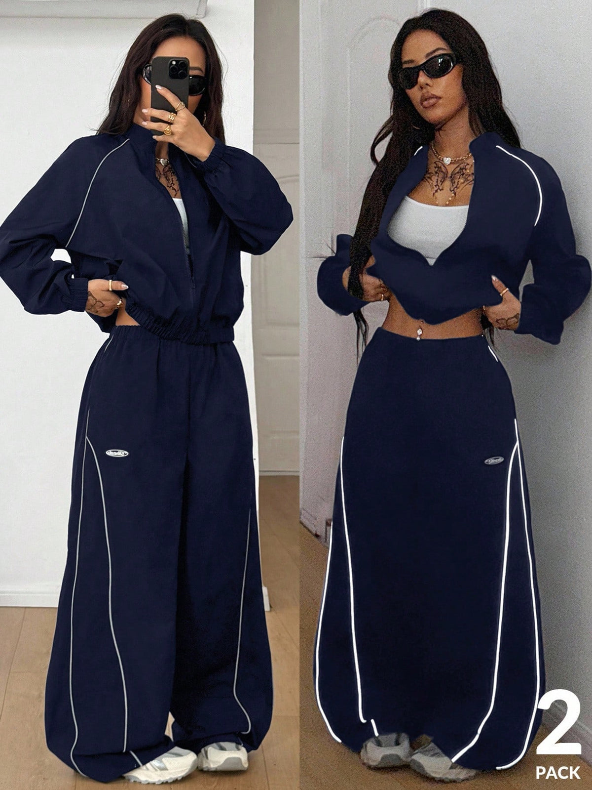Women's two-piece sporty casual tracksuit set featuring a stand collar zip-up jacket with contrast binding and matching loose parachute pants.