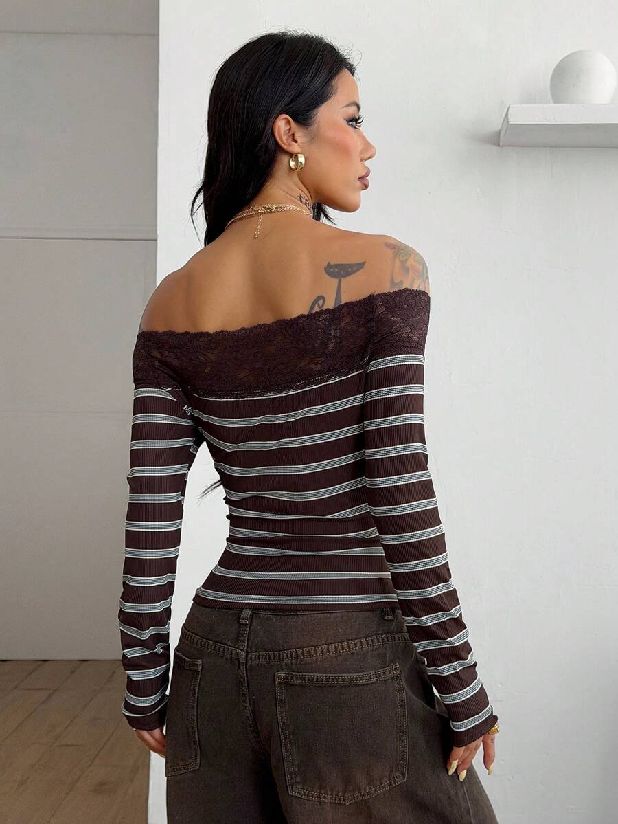 Women's slim fit off the shoulder long sleeve knitted top featuring contrast lace trim and ruched accents.