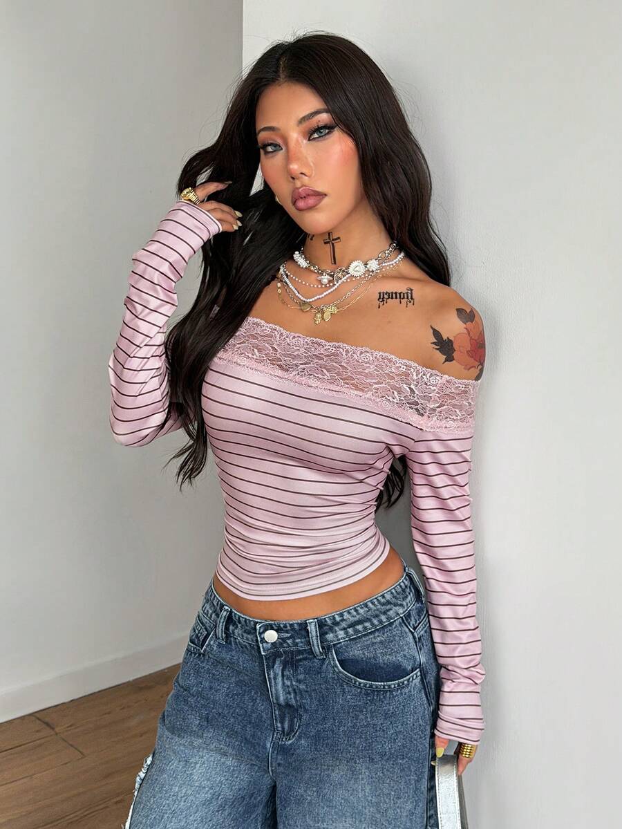 Women's slim fit off the shoulder long sleeve knitted top featuring contrast lace trim and ruched accents.