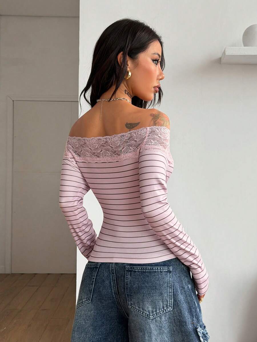 Women's slim fit off the shoulder long sleeve knitted top featuring contrast lace trim and ruched accents.