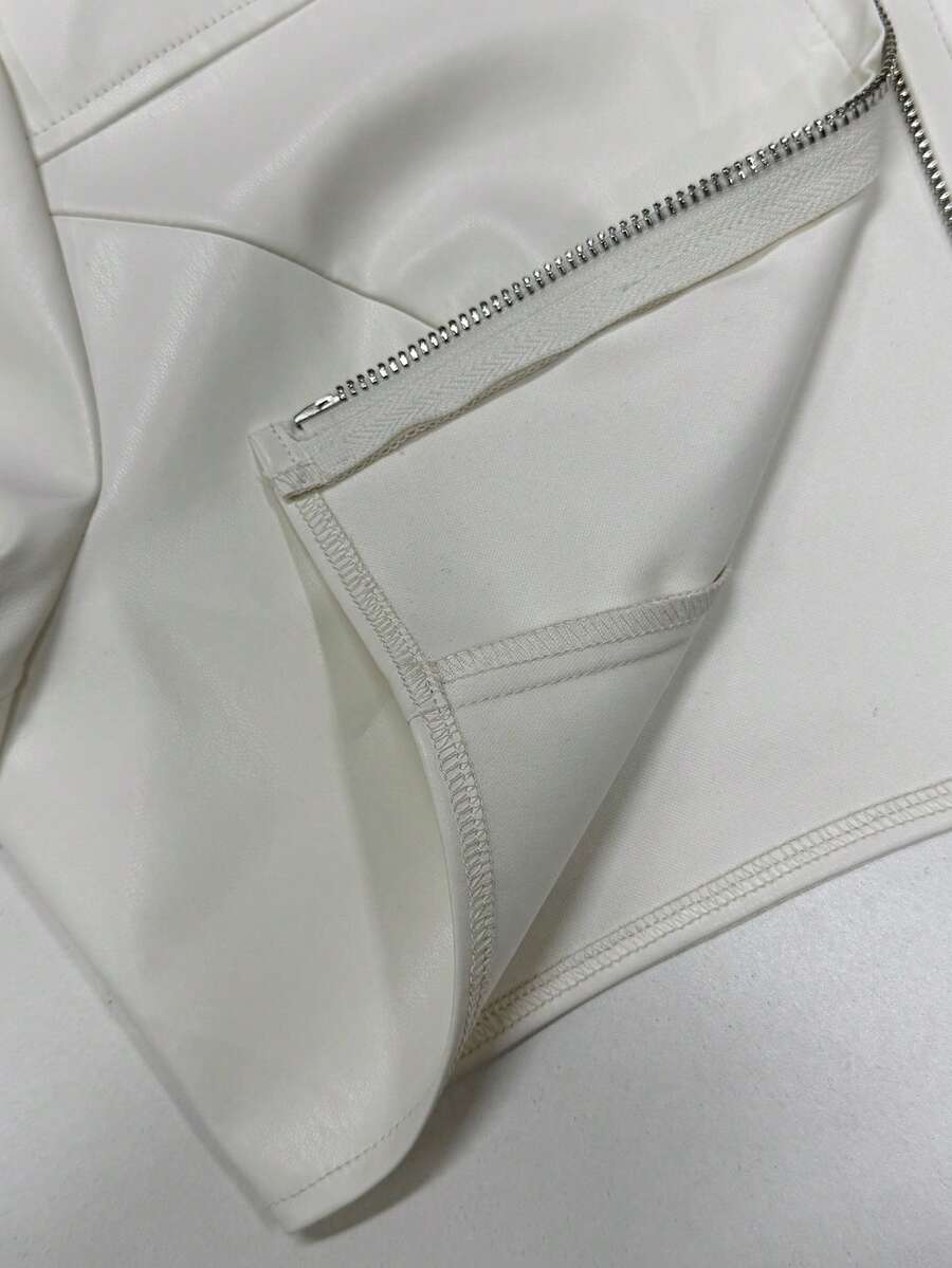 Women's metallic grey cropped faux leather jacket featuring a stand collar and asymmetrical zip front closure.